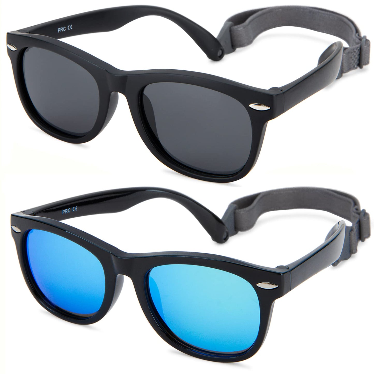 Hycredi Flexible Polarized Baby Sunglasses with Strap for Newborn Infant Boys Girls Age 0-24 Months-Matte Black/Grey +Black/Blue Mirrored