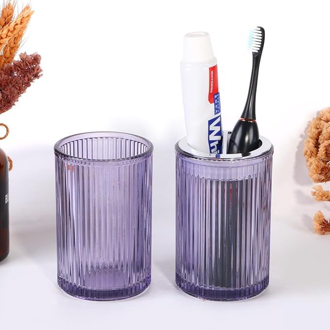 Purple Toothbrush Holders for Bathrooms, 2pcs Glass Toothbrush Holder and 12oz Bathroom Tumbler Cup Set, Silver Tooth Brush and Toothpaste Organizer for Bathroom Vanity Countertop