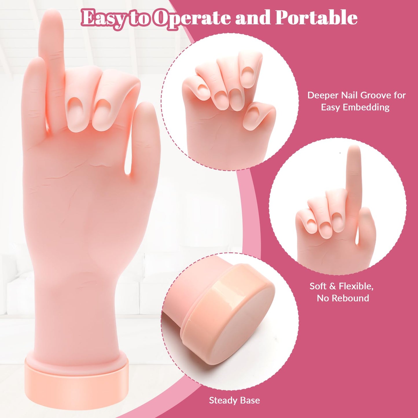 Solaradgy Practice Hand for Acrylic Nails Flexible Bending Nail Practice Hand Training Fake Hand Nail Hand Practice Tools with 100PCS Nail Tips, 120PCS Jelly Double Sided Nail Adhesives and 9PCS Brush