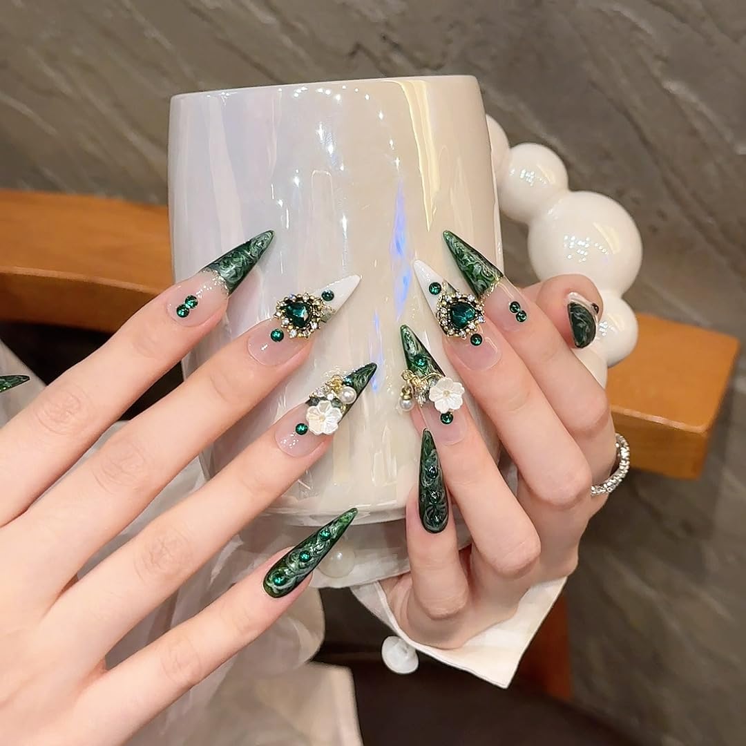 JIEADJIE Press On Nails (100% Handmade),Length Version,Handmade Painted Nail Art by Nail Technician,Luxury Party and Holiday Styles (White green French, Medium)