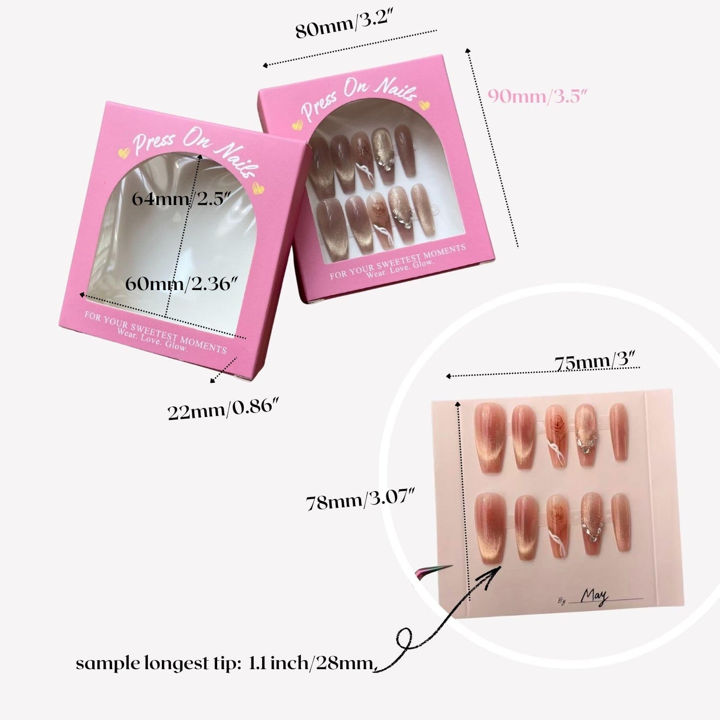 Press On Nails Packaging Boxes Bulk 20 Pack for Nail Tech & Small Business Vendor with 20 Instructions & Signature Cards 30 Adhensive Double Sided Tape 3.5"x3.2" PVC Window