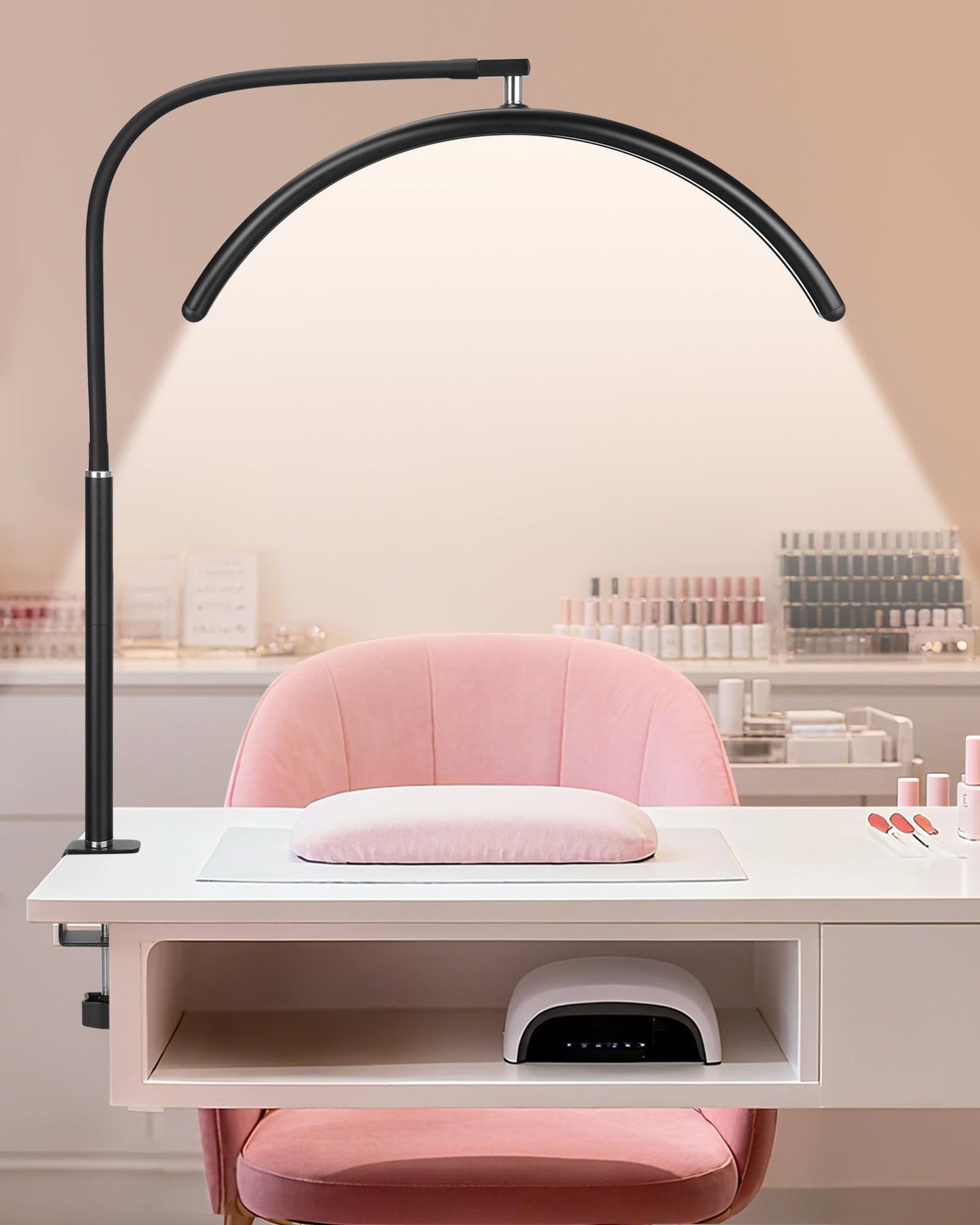 ZEKAHOV Professional Half Moon LED Desk Light for Nail Techs & Artists – Flexible Gooseneck Arch Table Lamp with Clamp, 5 Color Modes & 5 Brightness Levels for Manicure, Tattoo, Beauty Work