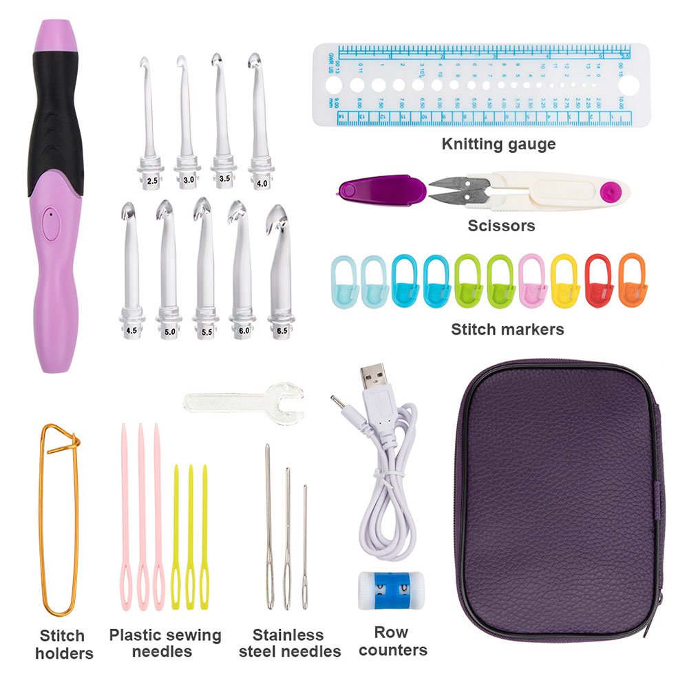 Vidillo Crochet Hooks Lights Set with Case, Ergonomic Rechargeable Lighted Hooks,9 Interchangeable Heads Hooks with a Crochet Hooks Case, Knitting Knit Needles Weave Yarn Sewing DIY Craft (Purple)