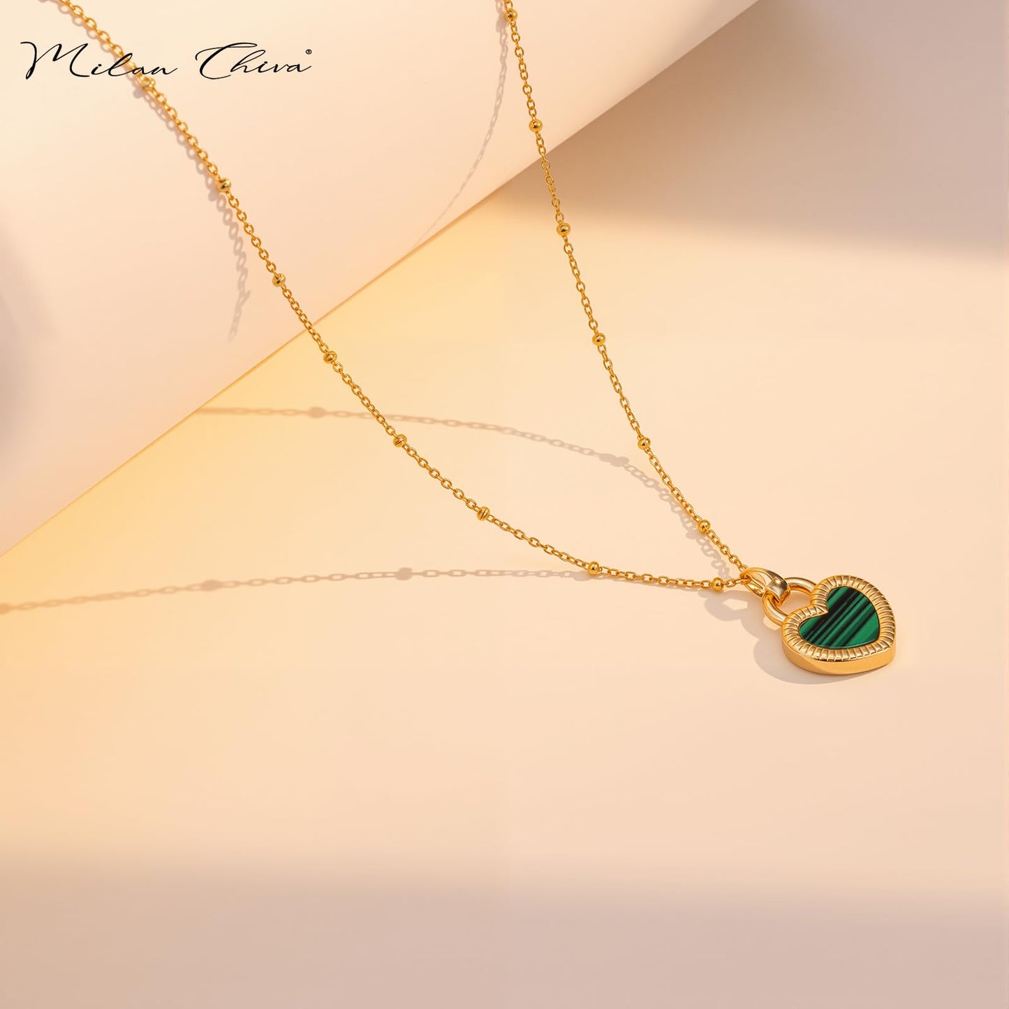 Milan Chiva Womens Heart Pendant Gold Necklace 14K Double Side Dainty Shell Statement Chain Jewelry MNS-1030WGN