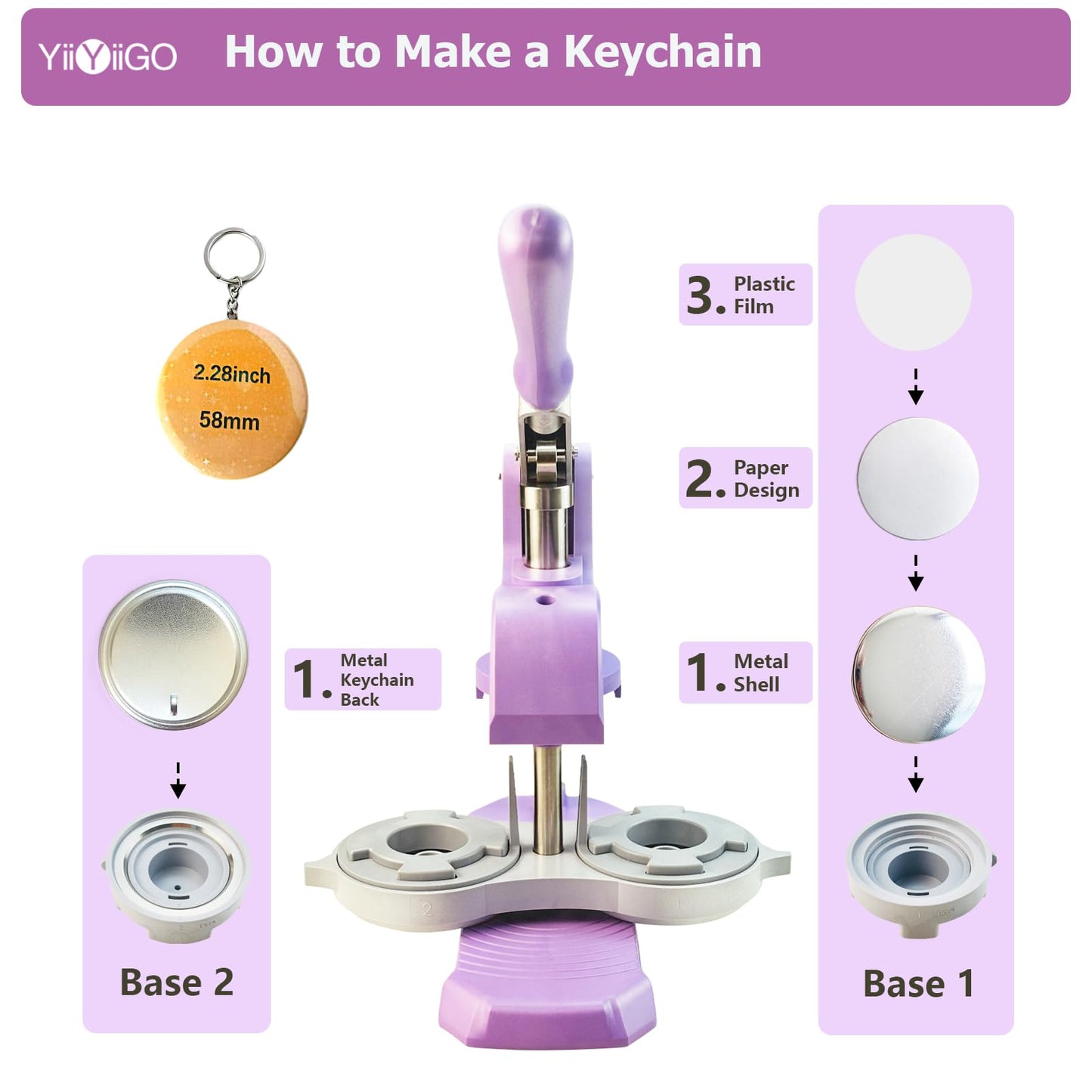 YiiYiiGO Button Maker Keychain Supplies, 50Sets 2.28inch/58mm Keychain Button Making Kit for Pin Maker Machine with Metal Shell Back Cover, Metal Top Cover, Transparent Film
