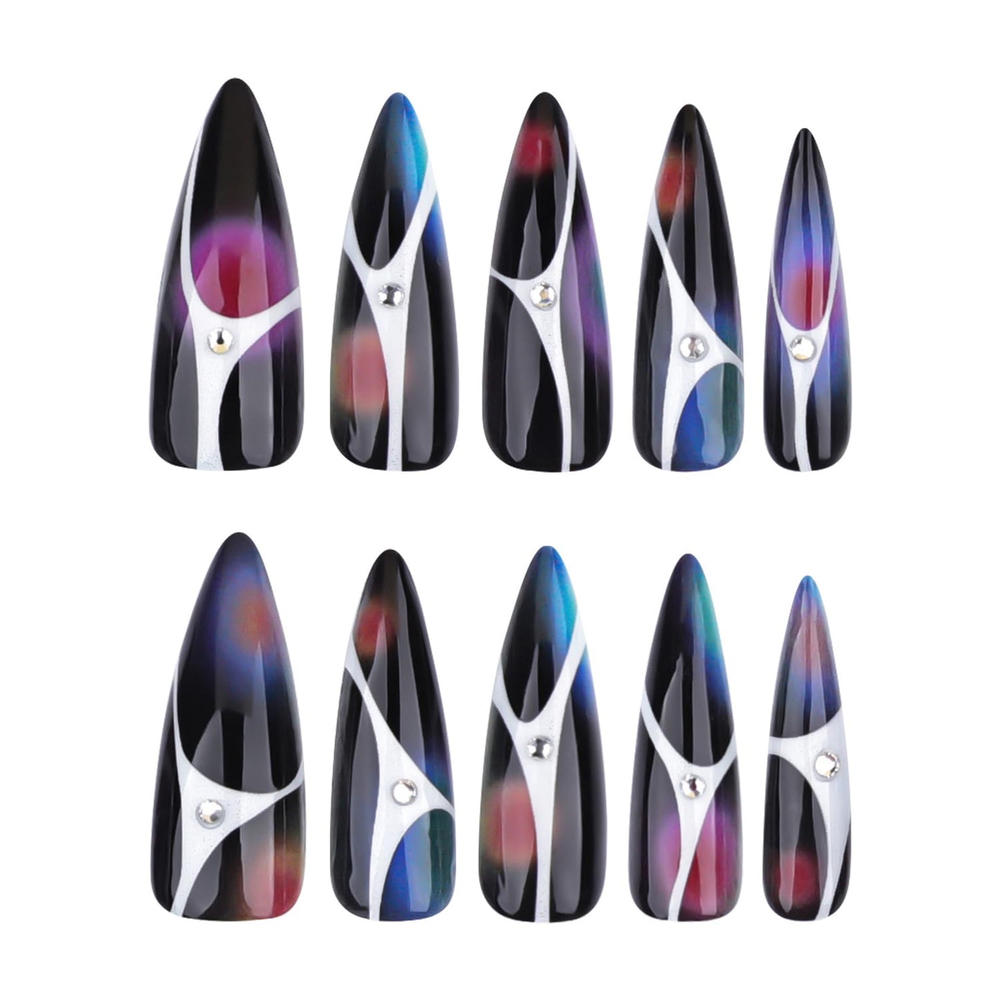 Stiletto Press On Nails Long Fake Nails Gradient With Rhinestone Design Black False Nails Full Cover Acrylic Nail Artificial Glossy Stick On Nail For Women 24pcs