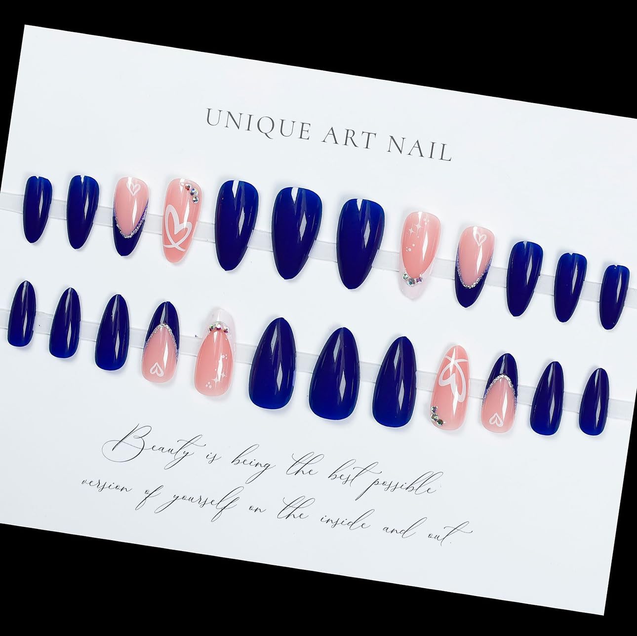 LPOODDNU Press on Nails Almond Medium - Blue French Tip Fake Nails with Heart&Diamond Designs, Glossy Finished Reusable False Nails with Double Adhesive Glue Tabs - 24Pcs Nail Kit for Women Manicure