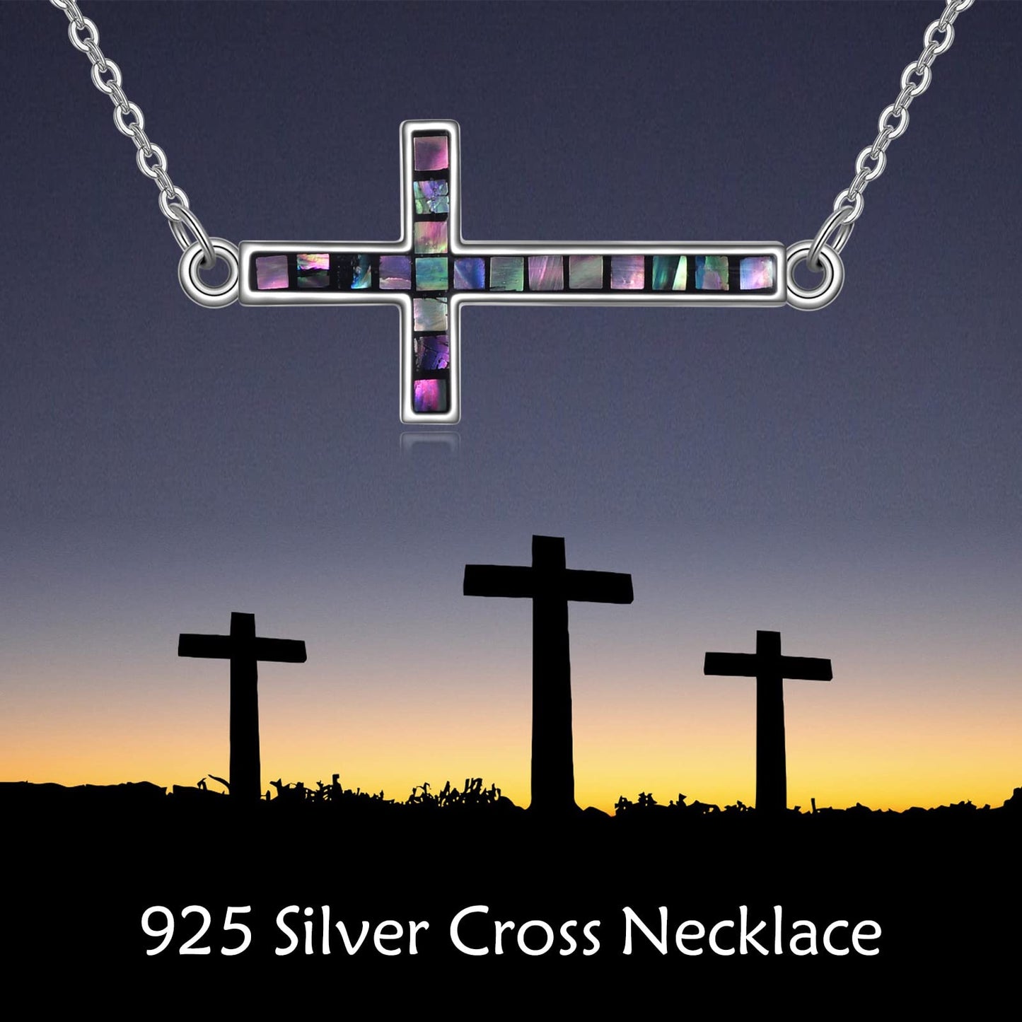 YFN Sideways Cross Necklace Sterling Silver Abalone Shell Cross Pendant Jewelry Gifts for Women Men