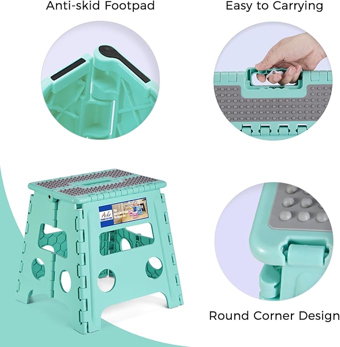 ACKO Folding Step Stool 13 Inch Stool Heavy Duty Plastic Foldable Step Stools for Kids, Stepping Stool with Handle, Suitable for Kitchen Hold Up to 300 LB (Teal 1PC)