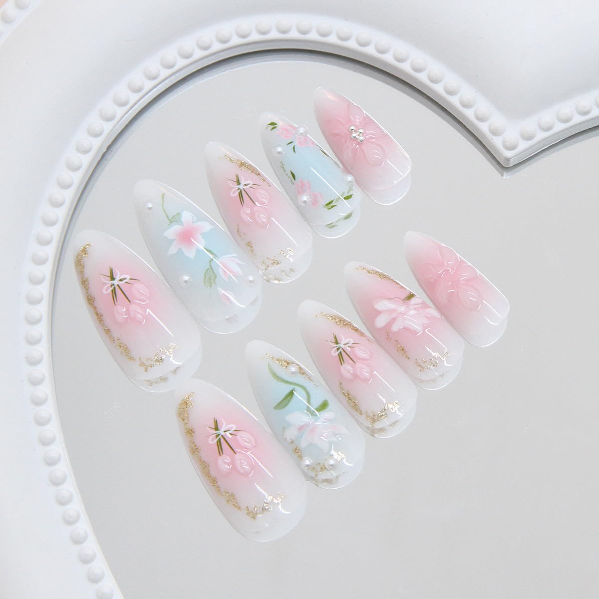 Mkwntg 24Pcs Gradient Press on Nails Medium Almond Fake Nails 3D Light Flower Blush Pearl Shimmer False Nails Pink Blue White Glue on Nails Reusable Acrylic Spring Floral Stick on Nail for Women