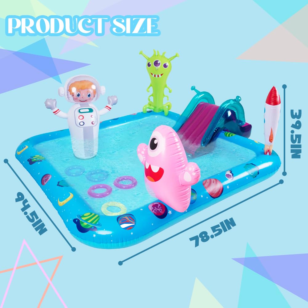 Inflatable Play Center Pool with Slide, Space Astronaut Square Kiddie Pool, 94.5" Square Outdoor Water Play Center with Sprinkler & Ring Toss for Summer Outdoor, Garden/Backyard Fun