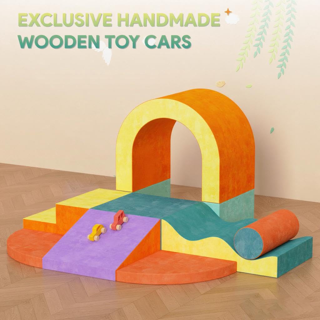 Yaofala 10 PCS Color Foam Climbing Blocks for Toddlers, Soft Play Set with Toy Car, Climbing Blocks for Toddlers 1-3, Indoor Climb and Crawl Soft Play Set