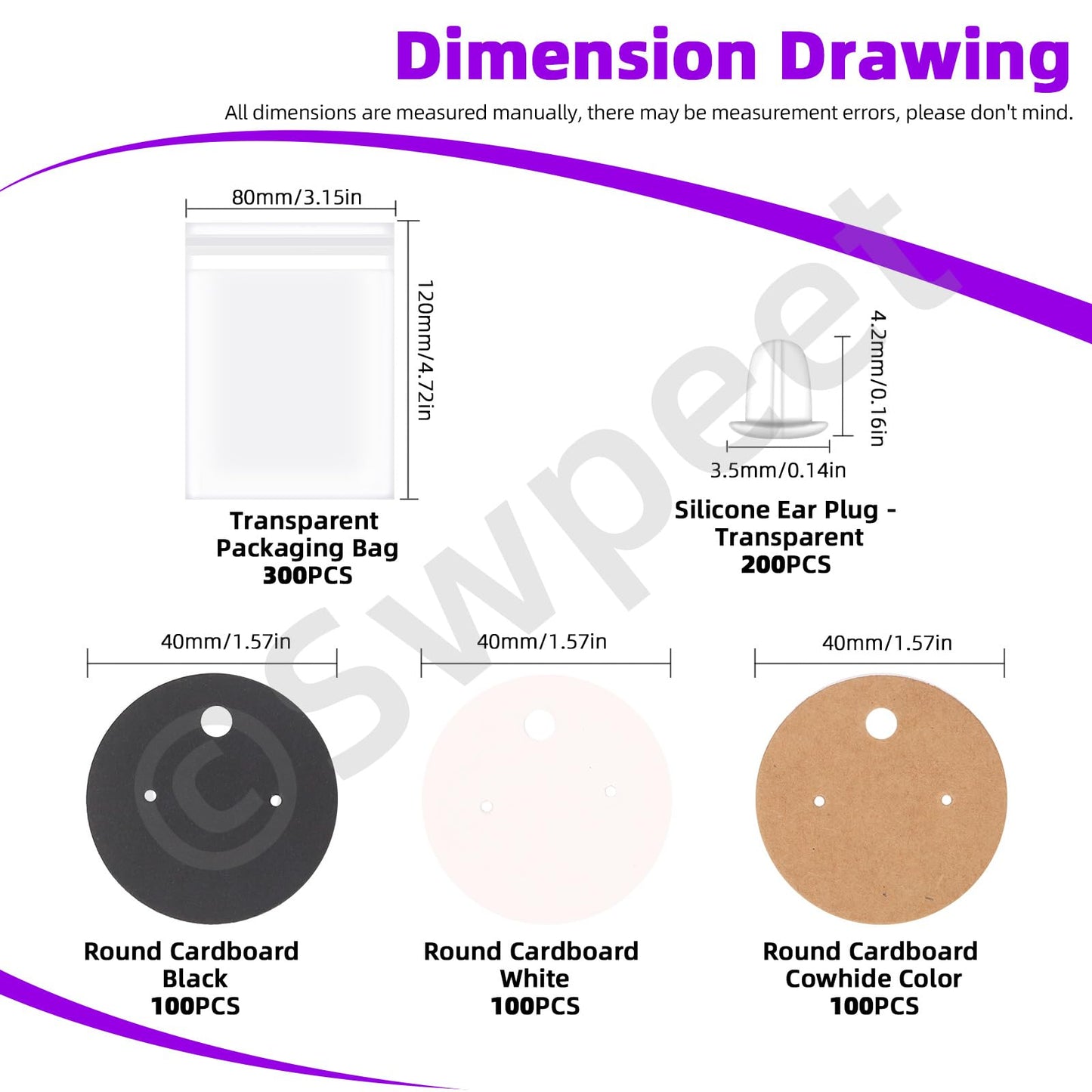 Swpeet 800Pcs 3 Colors Earring Display Cards Assorment Kit, 4CM-1.6 Inch Round Kraft Paper White Black Earring Holder Cards with Earring Backs and Self-Seal Bags for Ear Studs and Earrings Display