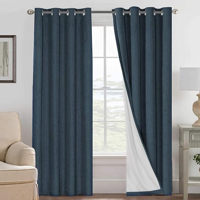 H.VERSAILTEX Linen Blackout Curtains 108 Inches Long 100% Absolutely Blackout Thermal Insulated Textured Linen Look Curtain Draperies Anti-Rust Grommet, Energy Saving with White Liner, 2 Panels, Navy
