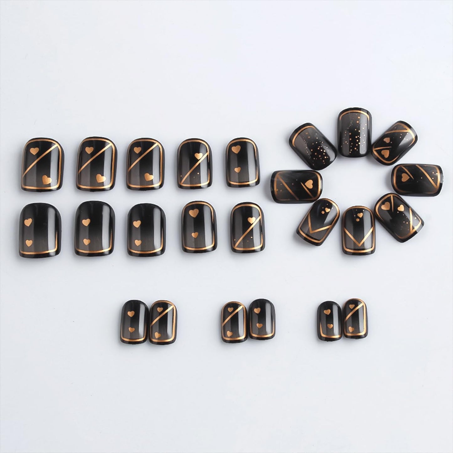 Press on Nails Black Gradient False Nails Gold Heart Line Glue on Nail Glossy Short Square Stick on Nail for Women DIY Manicure