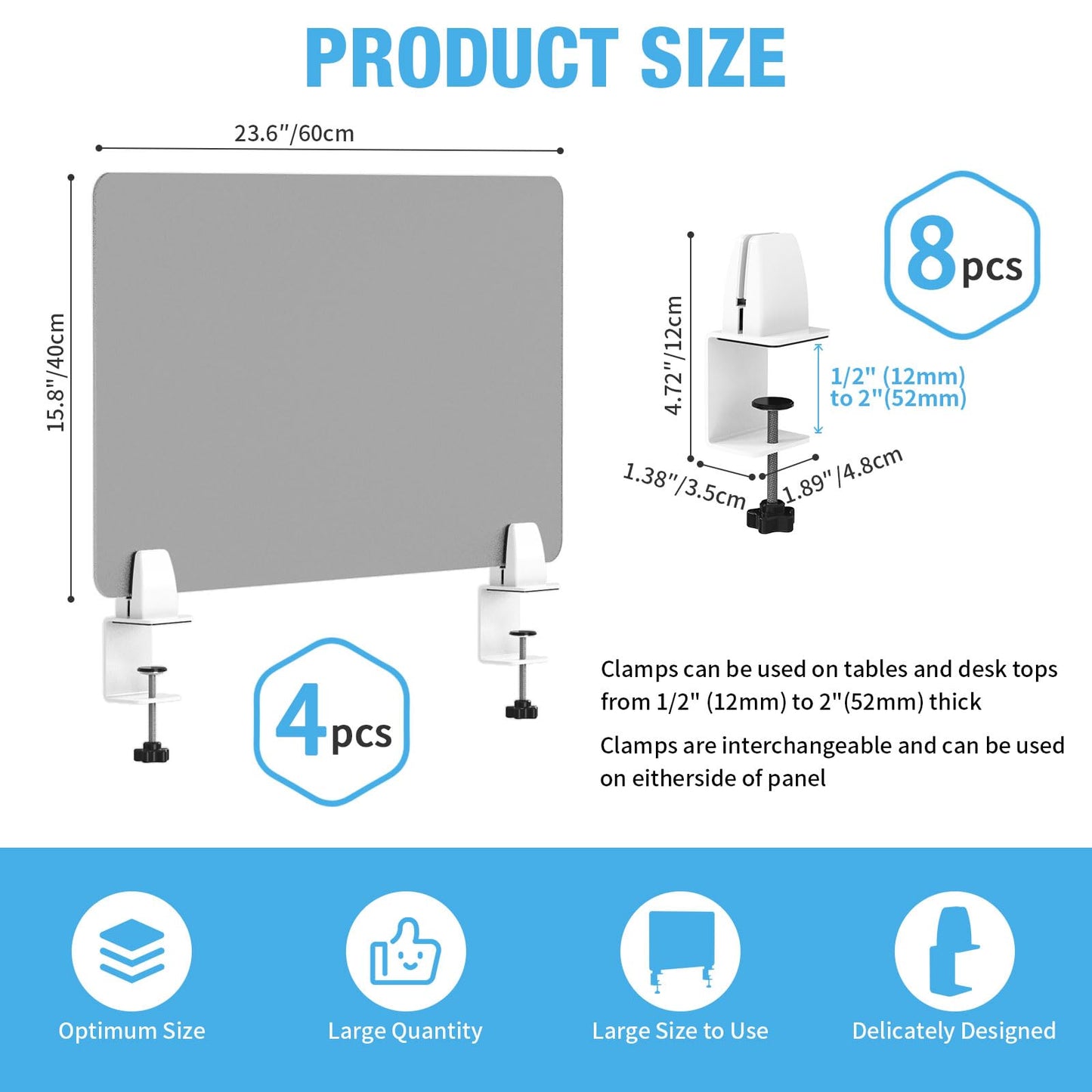 Desk Divider 4 Pcs Desk Privacy Panel 23.6''L x 15.8W'' Office Partitions Grey Acrylic Panel Pack of 4 Desk Divider Partition with Adjustable Universal Base