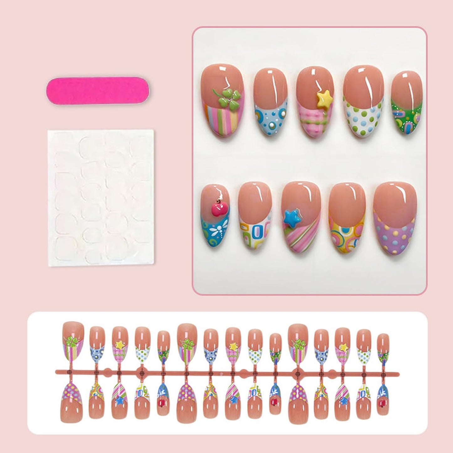 30Pcs Cute Almond Press on Nails Medium Fake Nails with 3D Floral, Star, Apple Embossed False Nails French Acrylic Nail Tip Four-leaf Clover Stick on Nails Artificial Nail for Women DIY Manicure