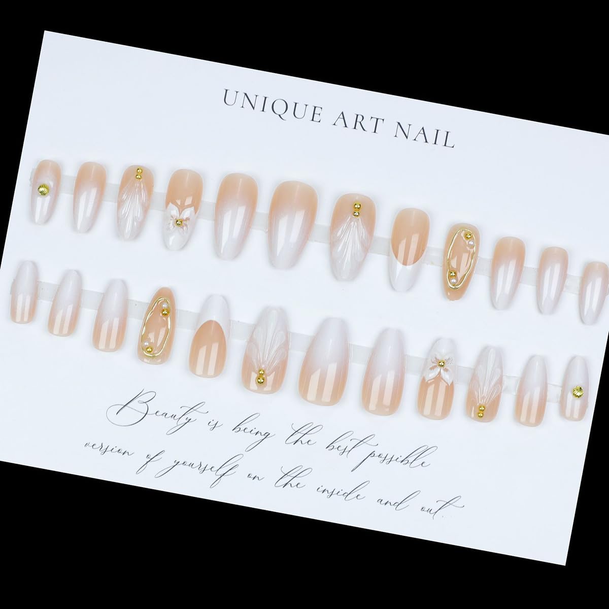 OHWODA Almond Shape Plastic False Nails, 24pcs Set, Glossy Finish, Classic Elegant French Tip, Reusable with Jelly Sticker, Perfect for Parties & Gifts