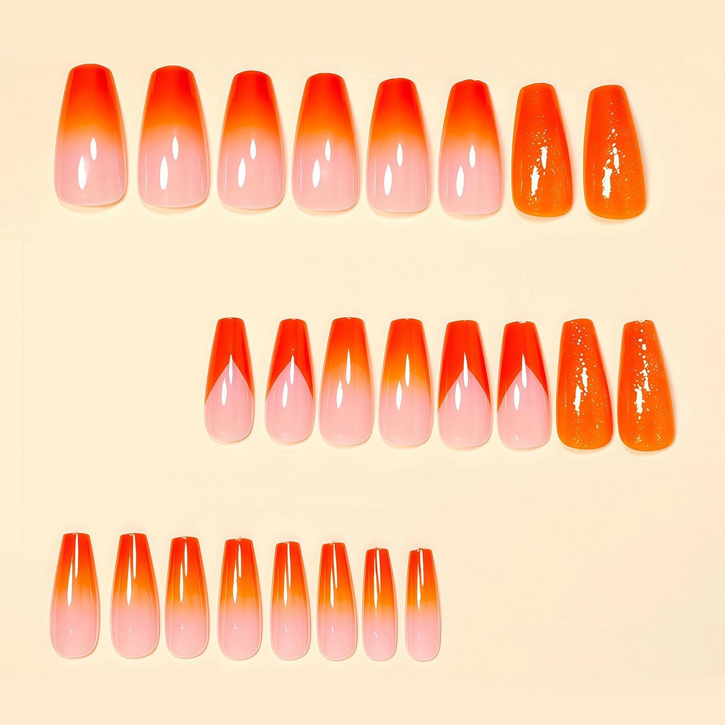 MISUD Press on Nails - Long Coffin Fake Nails with Summer Orange, Acrylic Bling Glitter Design 24 pcs