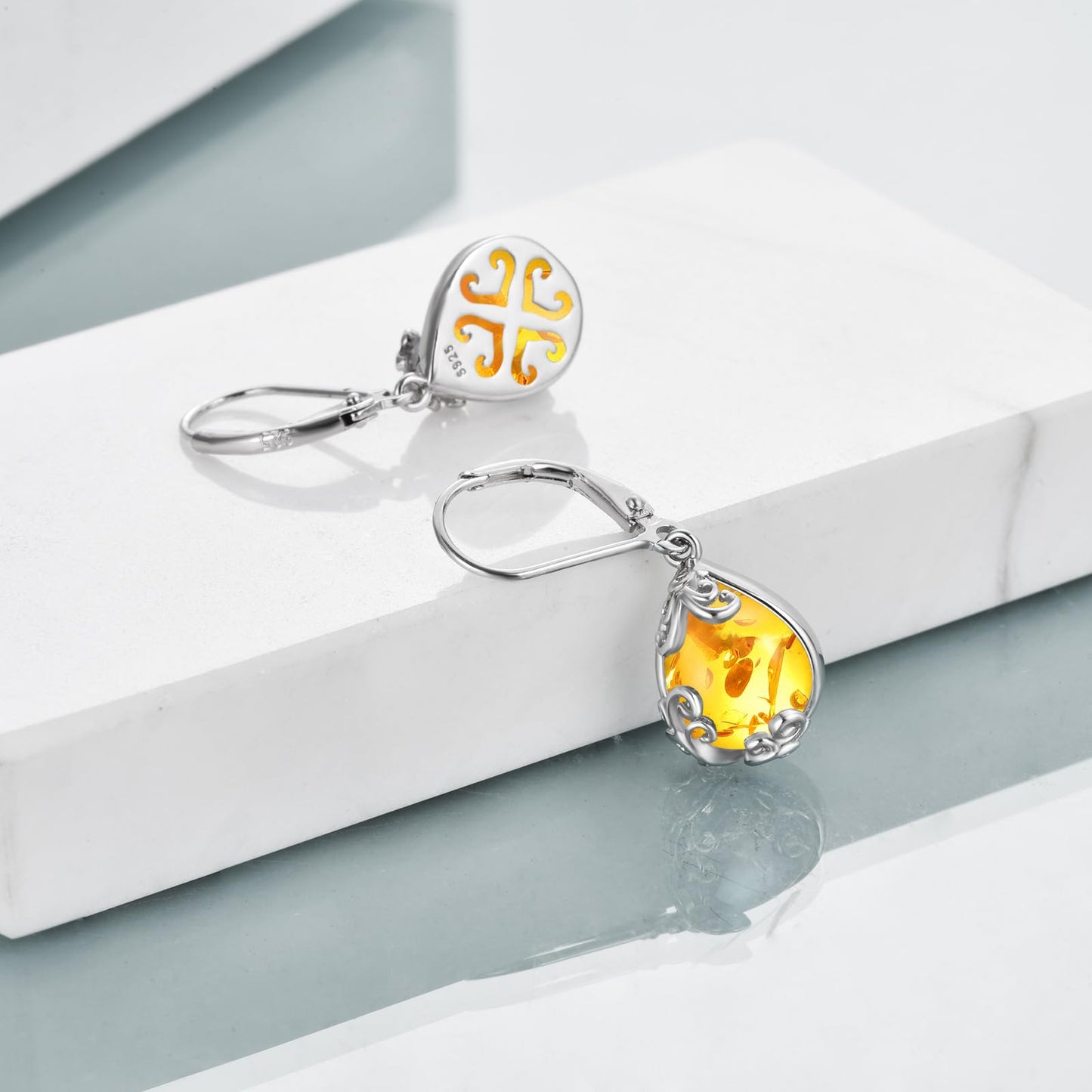 POPLYKE Amber Filigree Teardrop Drop Dangle Earrings Sterling Silver Leverback Earrings Jewelry for Women