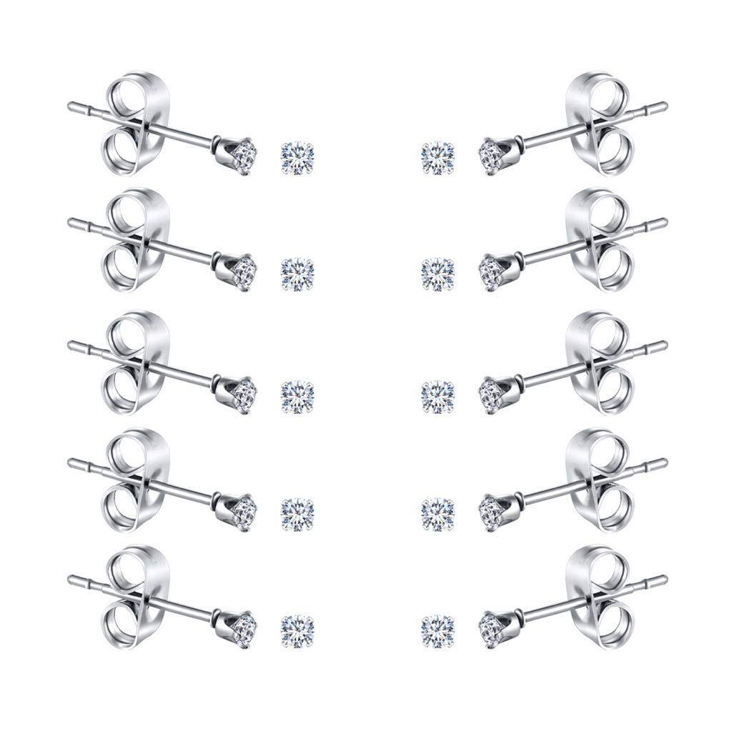 FOSIR 10 Pairs 2mm Tiny Women's Surgical Stainless Steel Clear Cubic Zirconia Stud Earrings, Hypoallergenic 316L Earrings Pack