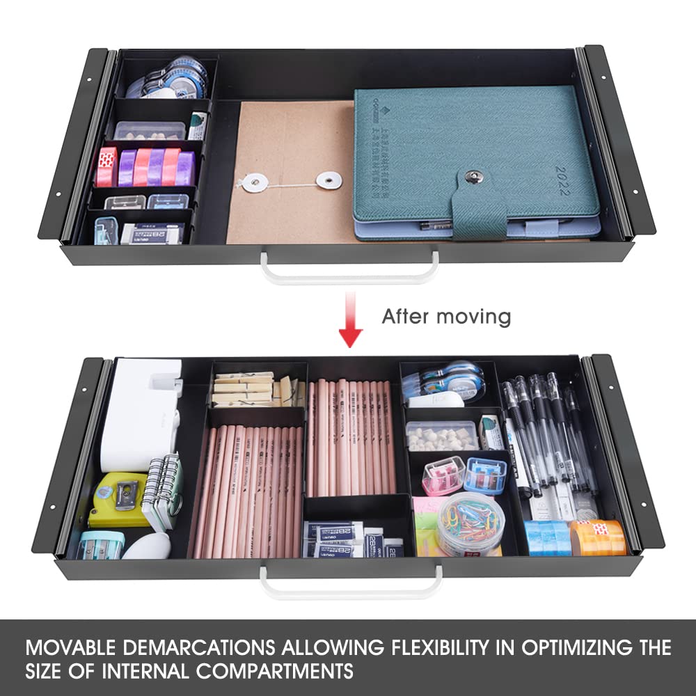 GOME Large Size Under Desk Slide out Pencil Drawer with Adjustable Space Divider Design for Storing Pencil and Office Accessories, Underdesk Pull out Tray Organizer Mounted for Sit Stand Workstation
