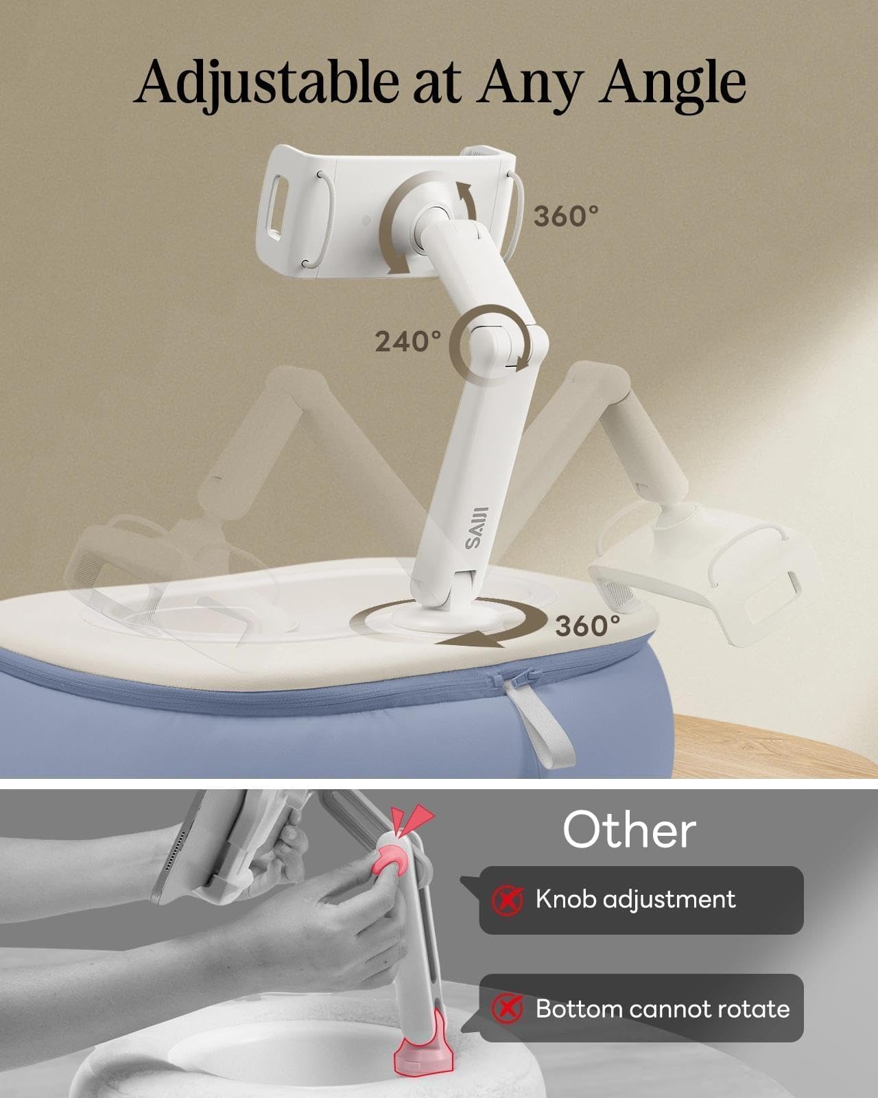 SAIJI Tablet Pillow Stand for Bed, Stable iPad Holder with Food-Grade Snack Bowl, Adjustable Kindle Pillow Stand for Reading, Suit for 4.7-15.6" Kindle,iPad,iPhone,Tablet,Blue