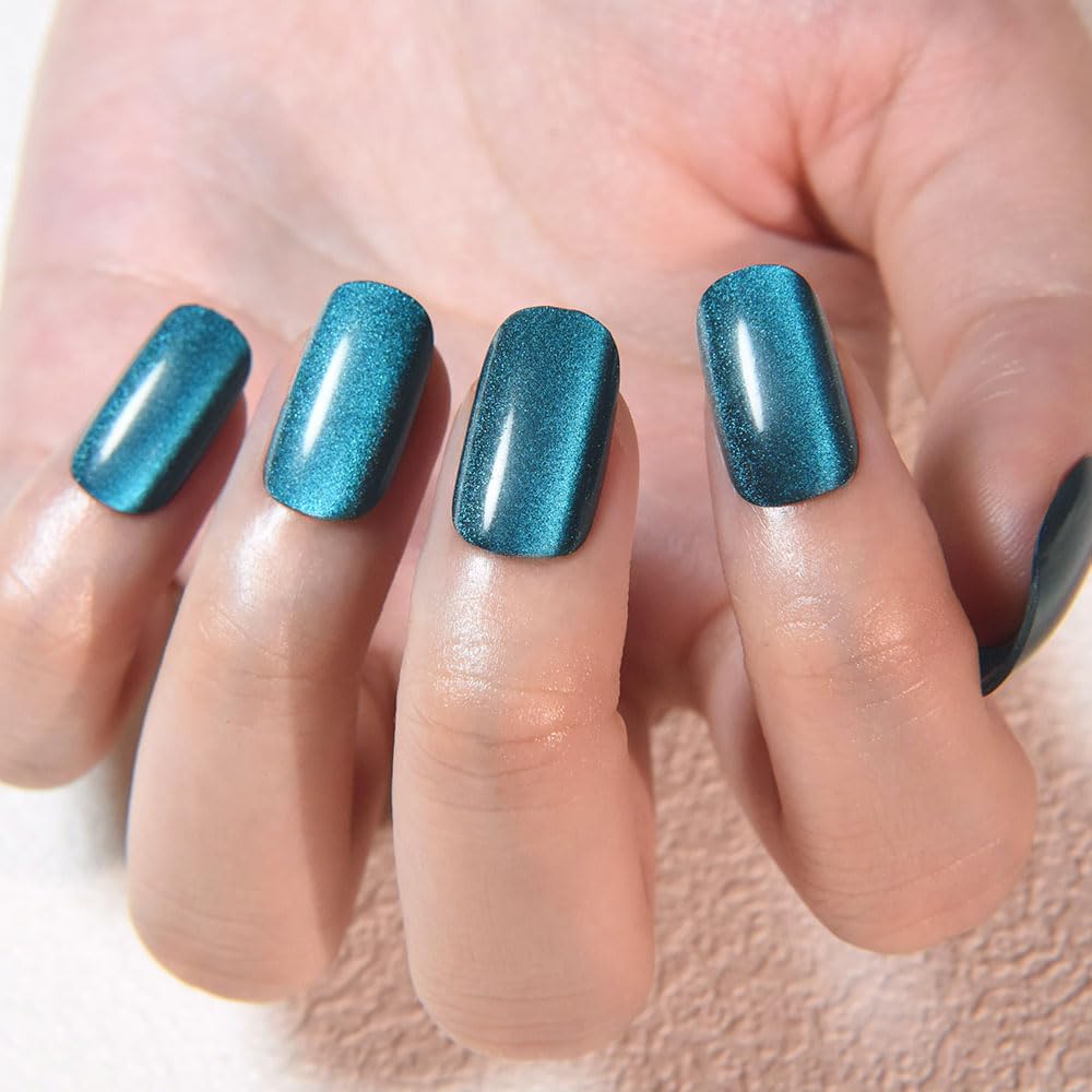 Teal Green Cat Eye Press on Nails Medium Square, Medium Square Press Stick on Nails Chrome for Women Gift, Green Holographic Glitter Glossy Reusable Soft Acrylic Fake Nail with Cateye Effect Design