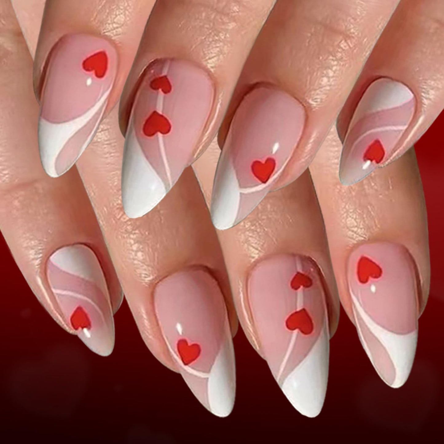 CJDLTS Valentines Press on Nails Medium Almond Artificial Acrylic Irregular Lines Fake Nails Red Love Coffin Nails Full Cover Glossy Heart Glue on Nail Artificial Fingernails Women Festival Manicure