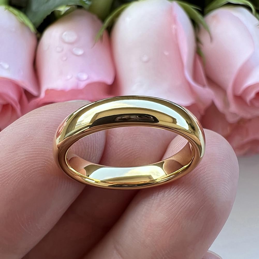 TUTISS 4mm Gold Tungsten Rings for Women Men Engagement Wedding Bands Domed Polished Comfort Fit Size 9