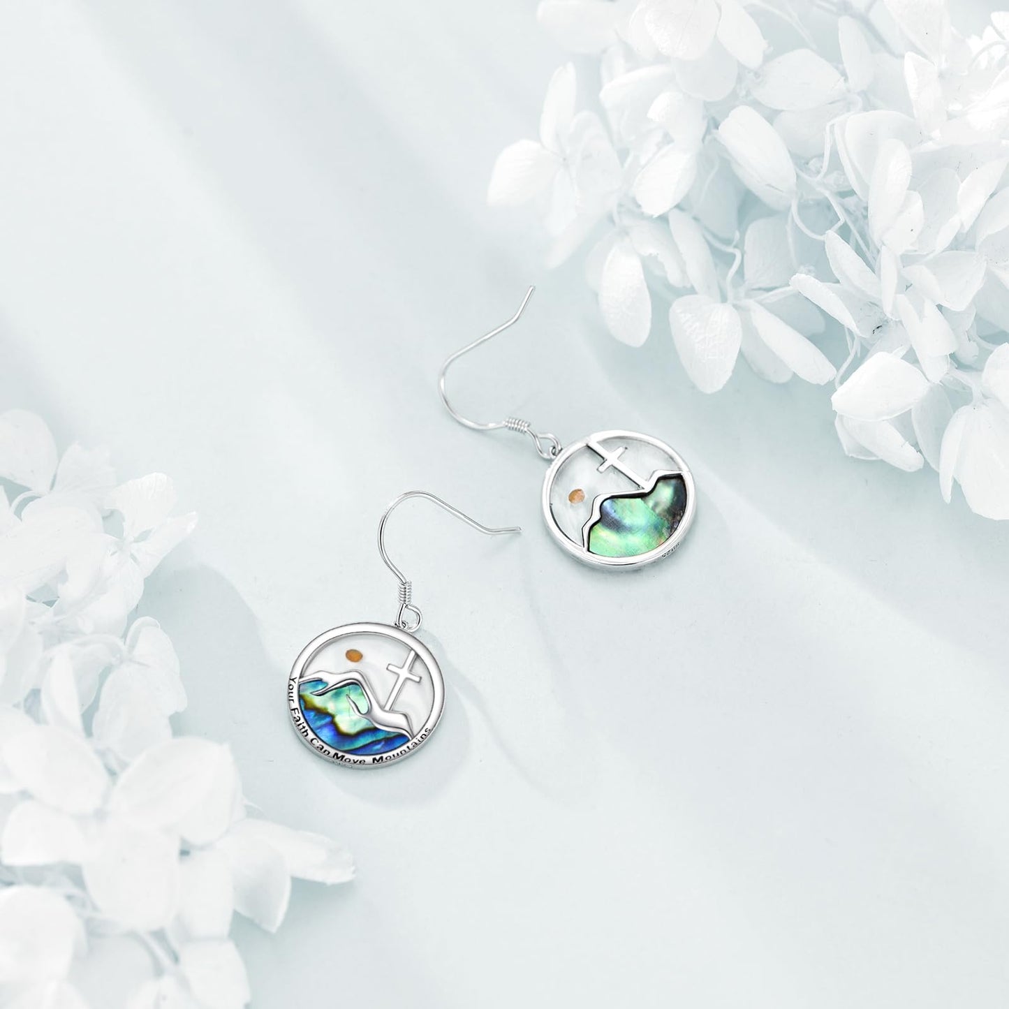 AOBOCO Mustard Seed Cross Earrings 925 Sterling Silver Mountain Dangle Hook Earring Christian Jewelry Gifts for Women(Round Mountain Cross Hooks)