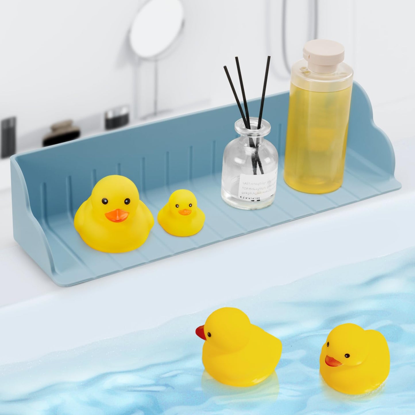 Weeme Bathtub Splash Guard, Silicone Bath Caddy Tray with 4 Suction Cups, Kids Toy Holder and Organizer Shelf for Toddler Tub Accessories (Blue)