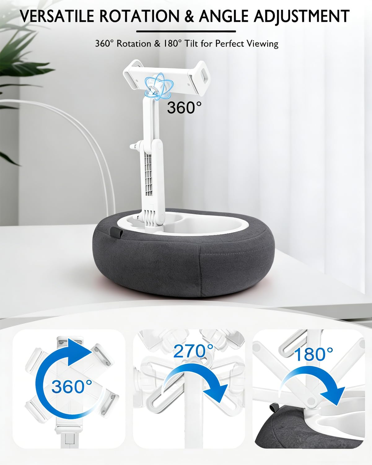 Miledi Tablet Pillow Stand, Compatible with 4.7"-12.9" Kindle, iPad, Phone/Tablet, 360° Rotating Phone Holder for Bed, Detachable Bowl, Reading and Relaxation on Bed (Black)