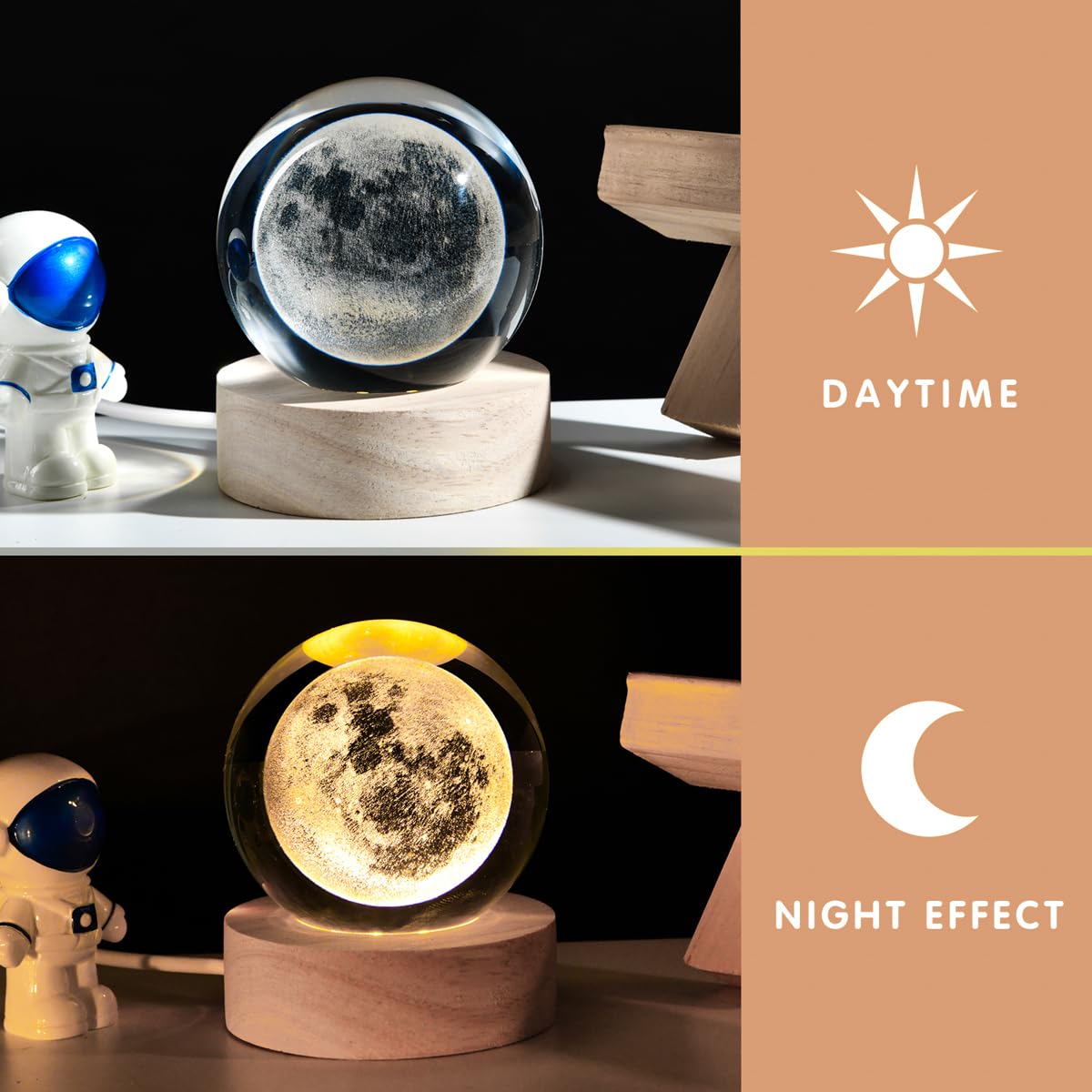 3D Moon Crystal Ball with LED Stand, Moon Figurine Decor Glass Sphere Lamp, Space Planet Globe Night Light Gifts for Women Men Mom Kids