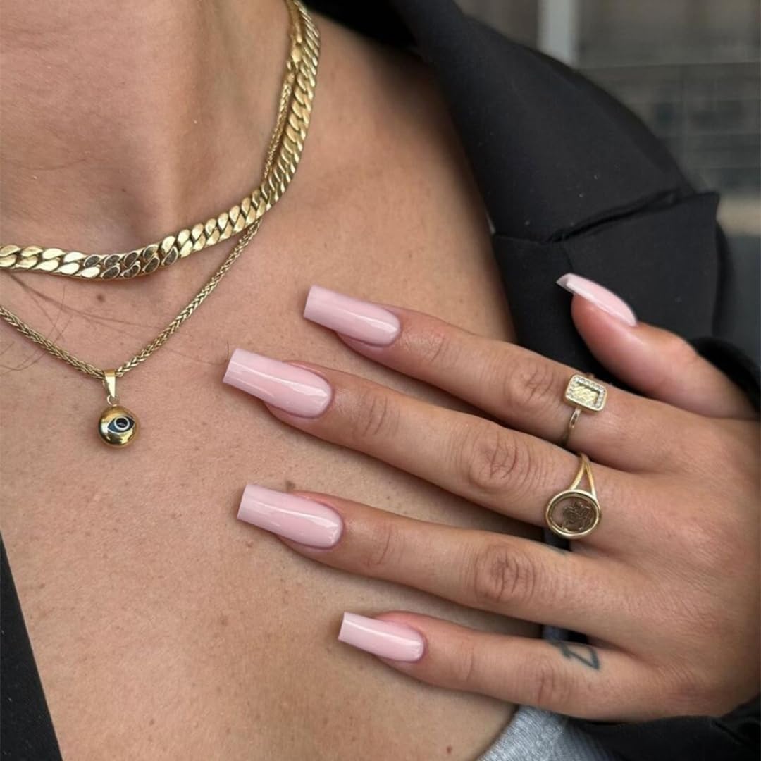 KQueenest Pastel Pink Press on Nails Long Medium Square, Dusty Pink Fake Nails Medium Coffin, Glossy Sheer Color Acrylic Nails Press ons, Reusable Soft Gel Glue on Nails for Women Summer