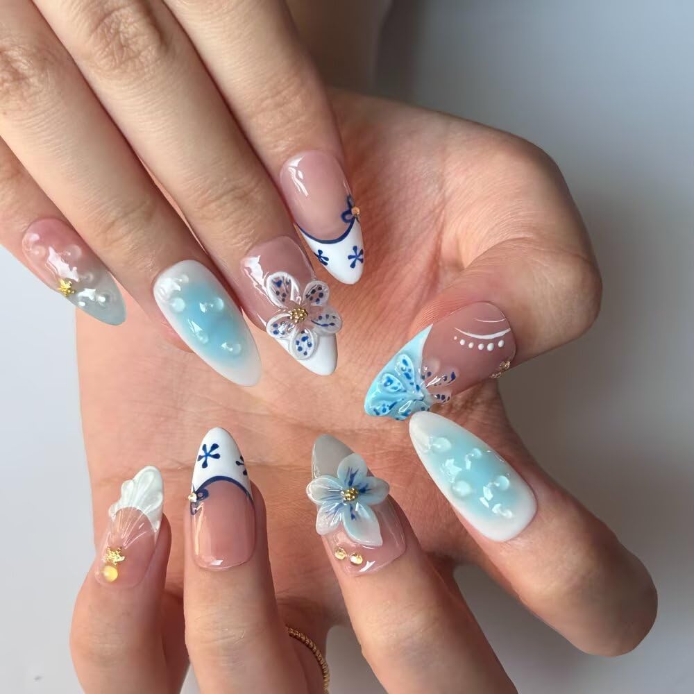 Handmade Acrylic Press On Nails Almond, 3D Press On Nails Medium Fasle Nails, Blue Floral Nails French Tip For Women, Reusable Stick On Fake Nails Kit With Nail File (Size S）