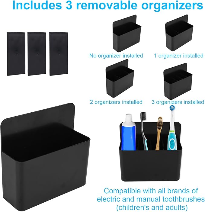 Magnetic Toothbrush Holder with Spacers, Plastic Wall-Mounted Bathroom Organizer Portable Cruise Essentials for Alaska & Caribbean Cruise Stateroom (Black)