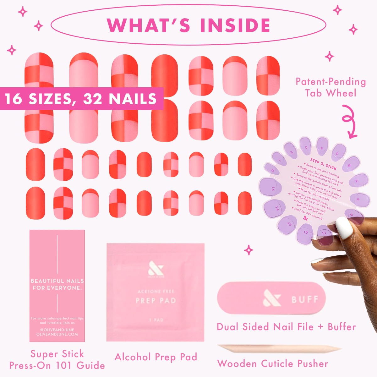 Olive & June Classic Super Stick Mani Press On Nails | No Glue Needed | 32 Tab Nails 16 Sizes | Non-Toxic Tabs Easy On-Off Non-Damaging Realist Look | 7-Day Wear | Short, Round |Pink Checker Party