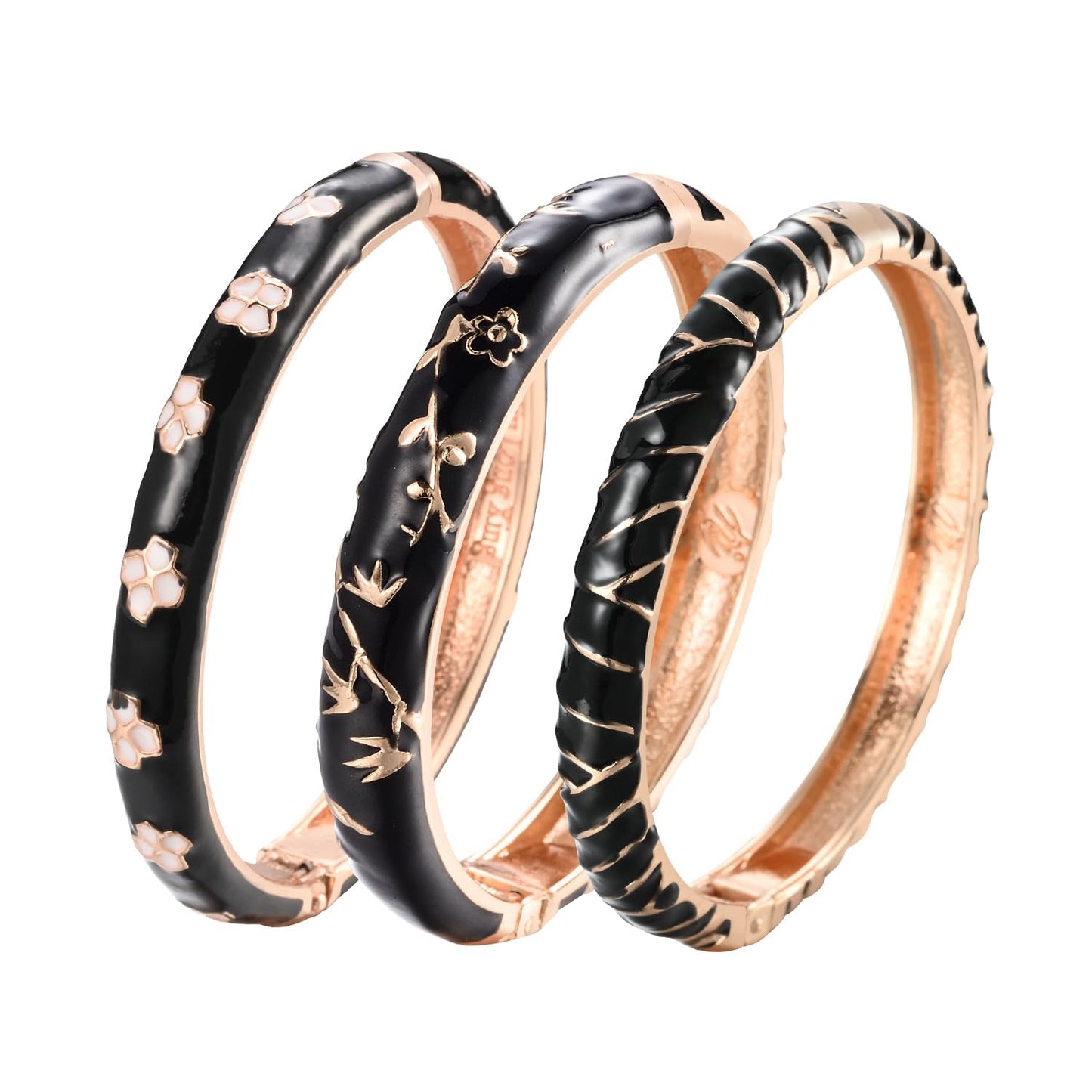 UJOY Womens Multi-Colors Cloisonne Bracelet Gold Plated Flower Enameled Hinged Cuff Bangles Jewelry Gift 55A-3pcs Black
