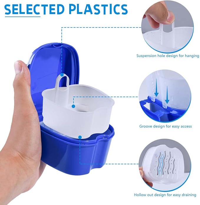 Light Blue Denture Bath Case Cup Box Holder Storage Soak Container with Strainer Basket for Travel Cleaning
