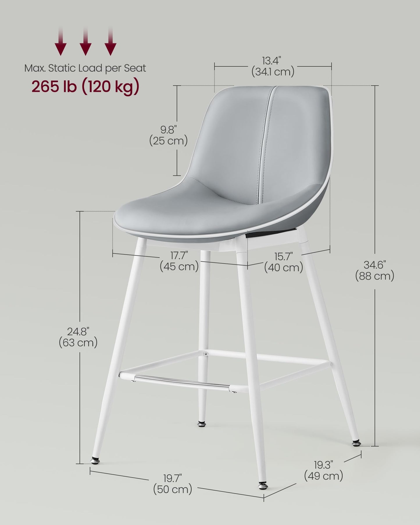 VASAGLE Bar Stools Set of 2, Counter Height Bar Stools with Back, Ergonomic Backrest, Synthetic Leather, Metal Legs, 24.8-Inch Tall Barstools for Kitchen Island Home Bar, Easy Assembly, Dove Gray
