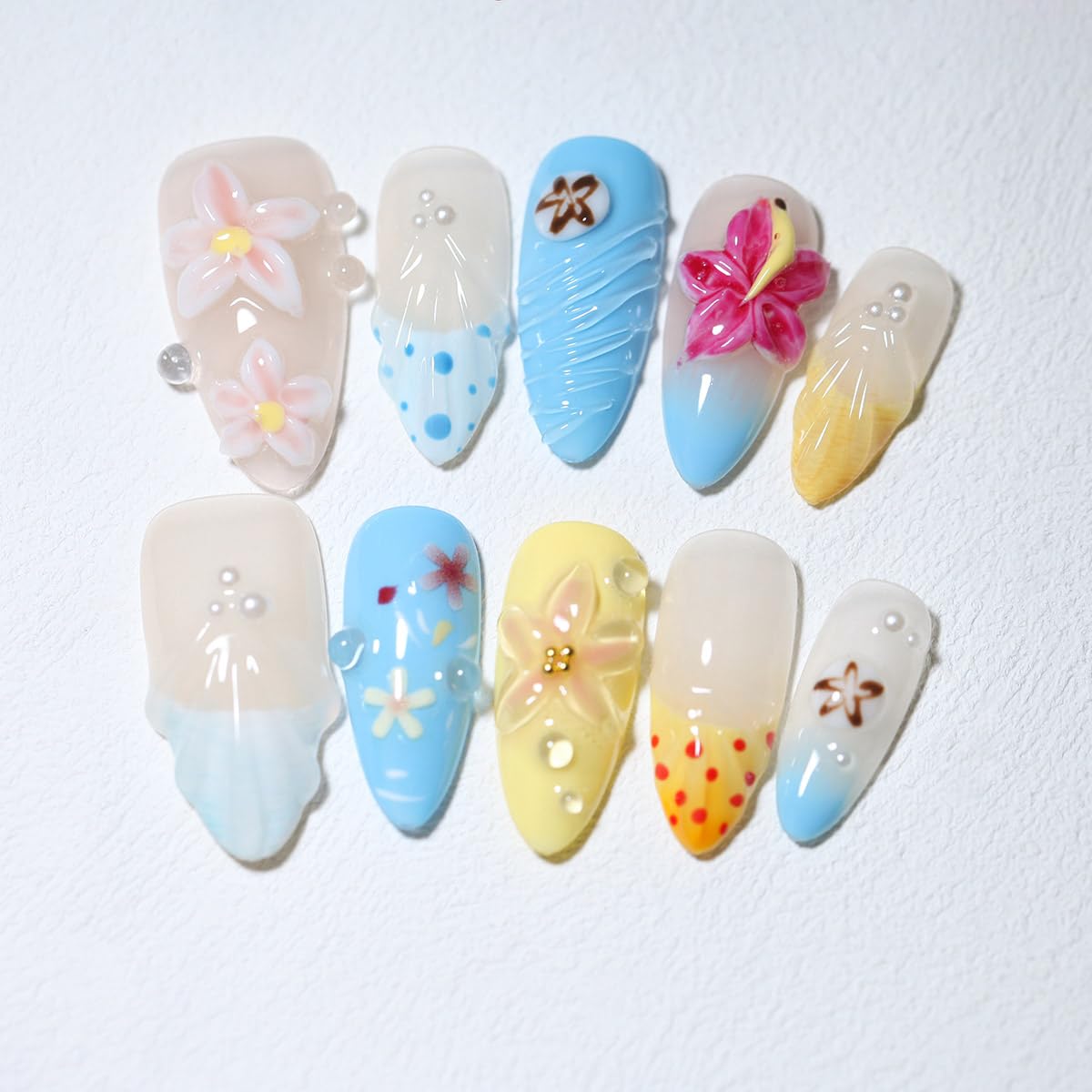 10Pcs Medium Almond Handmade Press On Nails | Easy Apply & Remove, Reusable Salon Quality Nails | Tropical Beach Themed Fake Nails with 3D Floral & Seashell Accents (A009, XS)