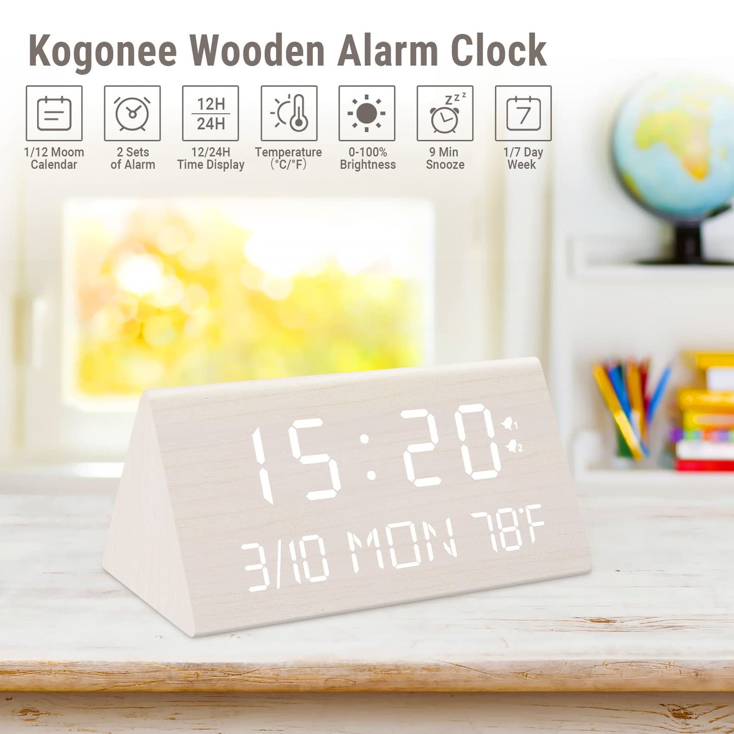 Kogonee Wooden Digital Alarm Clock, 0-100% Dimmer, 2 Alarm Settings, Weekday/Everyday Mode, 9 Mins Snooze, 12/24H, Temperature and Date Display for Office, Travel, Bedroom Alarm Clock (White)