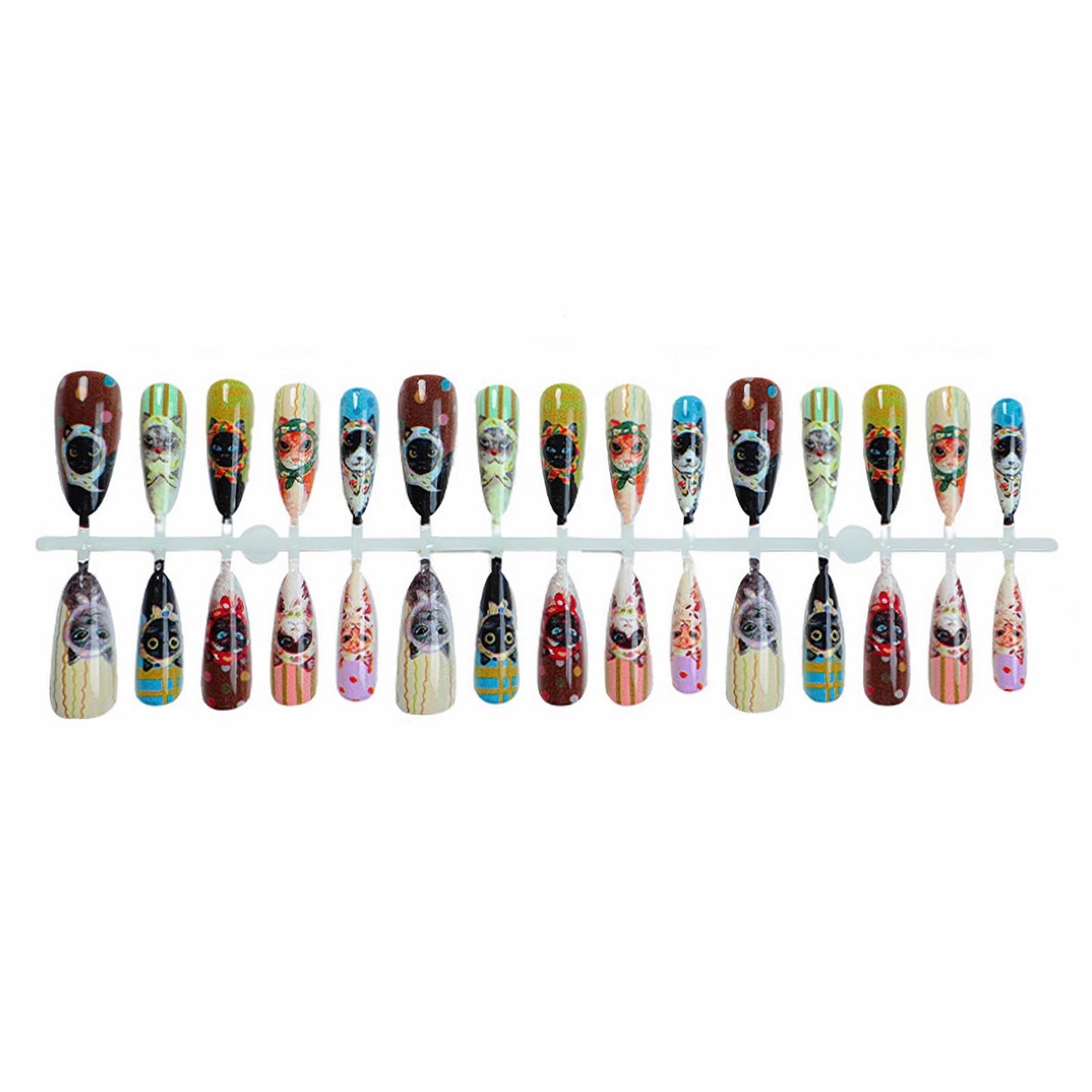 MISUD Press on Nails - Long Stiletto Fake Nails with Cute Acrylic Cartoon Cat Design 30 pcs