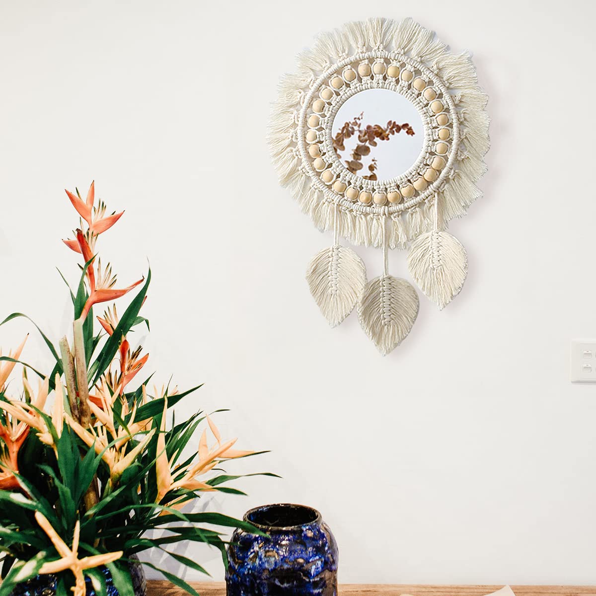 Artilady Macrame Hanging Wall Mirror - Boho Fringe Round Handmade Decorative Acrylic Mirror for Apartment Living Room Bedroom Baby Nursery Home Decor (Leaf)