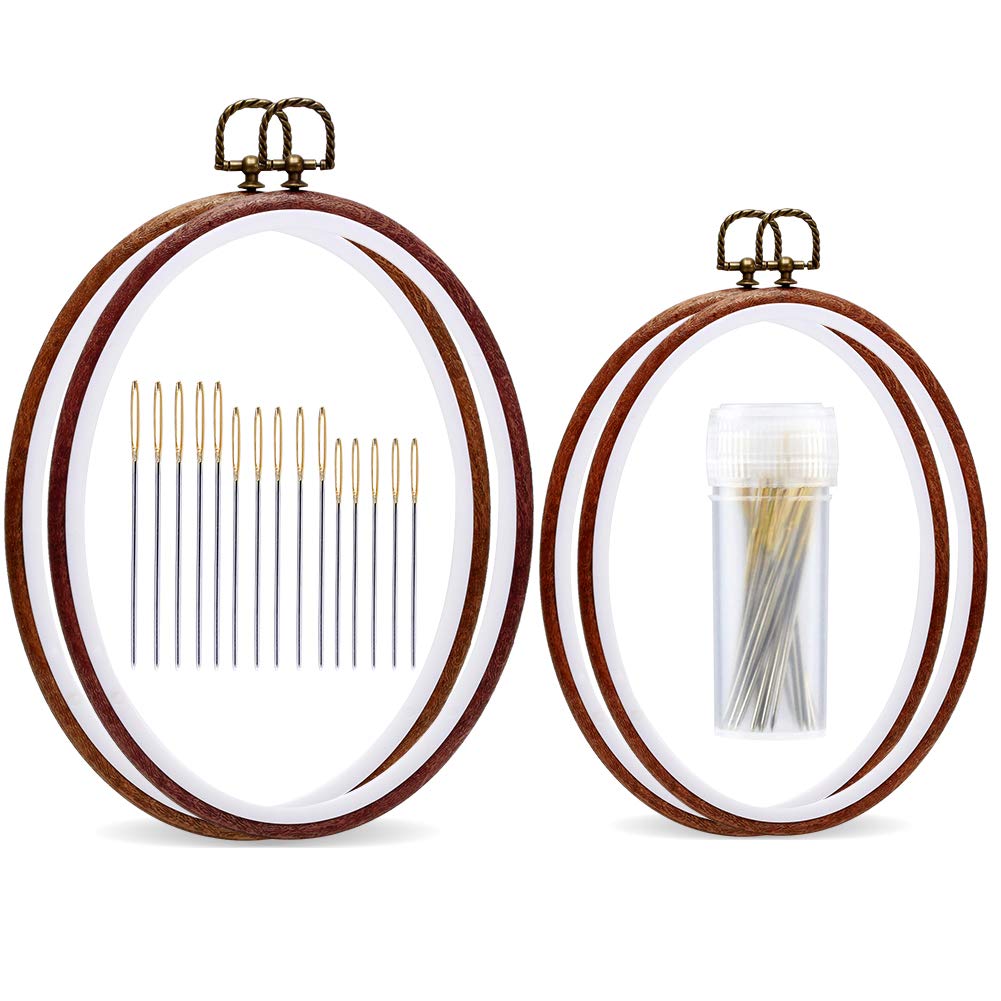 Jupean Embroidery Hoops, 7.5'' 9.2'' Oval Embroidery Hoop, Imitated Wood Display Frame with 30 Pieces Embroidery Needles, Embroidery Frame and Cross Stitch Hoop for Art Craft Sewing and Wall Hanging