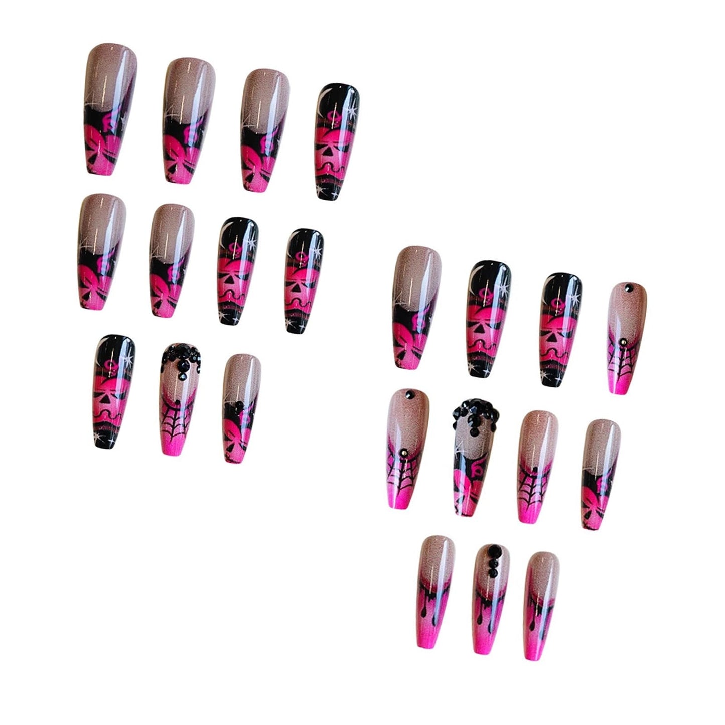 IMSOHOT Halloween Long Coffin Press on Nails, Pink Black with Spider Web & Pumpkin Acrylic Nails, 24PCS