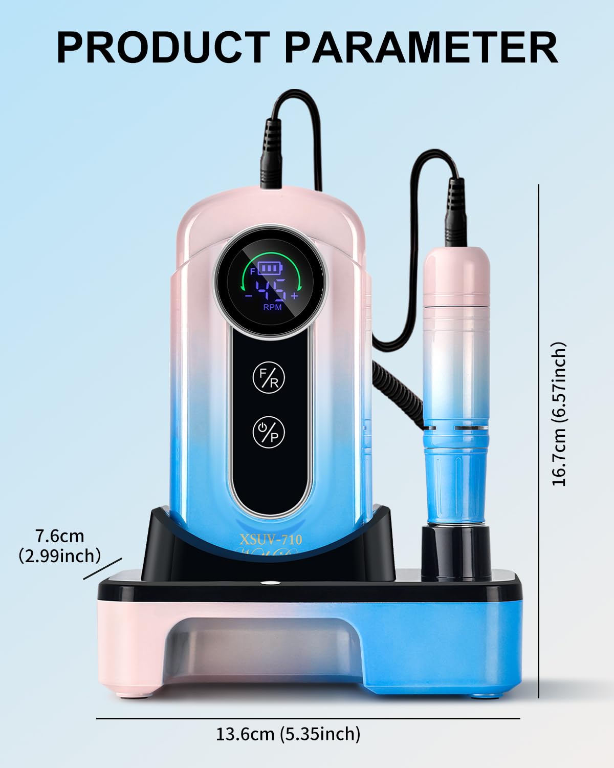 Moskany Professional Electric Nail Drill Kit 45000RPM Gradient Blue Cordless Rechargeable Nail File Machine with Nail Lamp Portable Efile Nails Drill for Acrylic Gel Nails