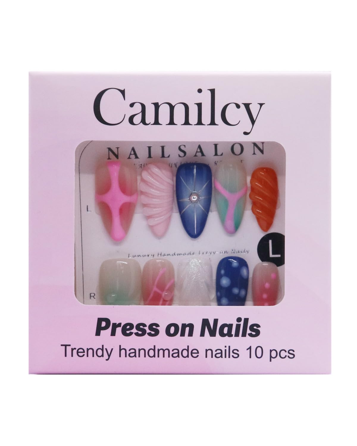 CAMILCY Handmade Nails Press on Long pointed tip Pink Hand Painted Reusable Gel UV Finished Pre Shaped False Nails for Women 10pcs 3D Glitzadora Handmade Nails (A089, S)