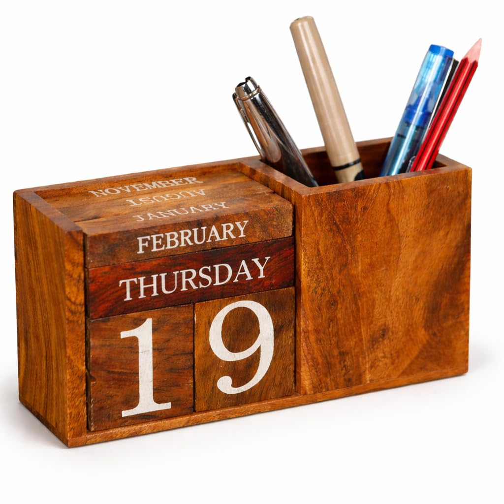 Wooden Perpetual Block Calendar for Desk – Month & Date Wooden Display Blocks for Office, Classroom, Teachers, Students, Rustic Farmhouse Office Desk Decor